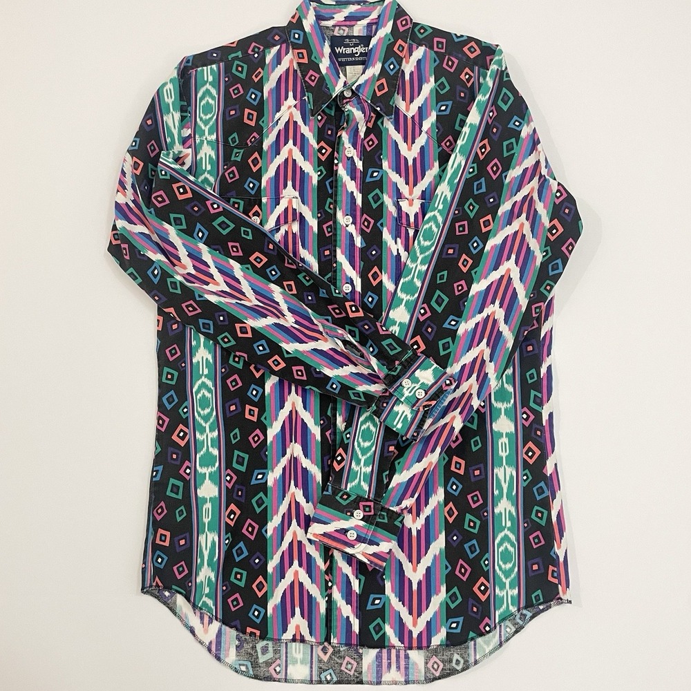 Vtg 90s Wrangler Aztec Western Shirt Medium 15 Button Up Heavyweight Southwest